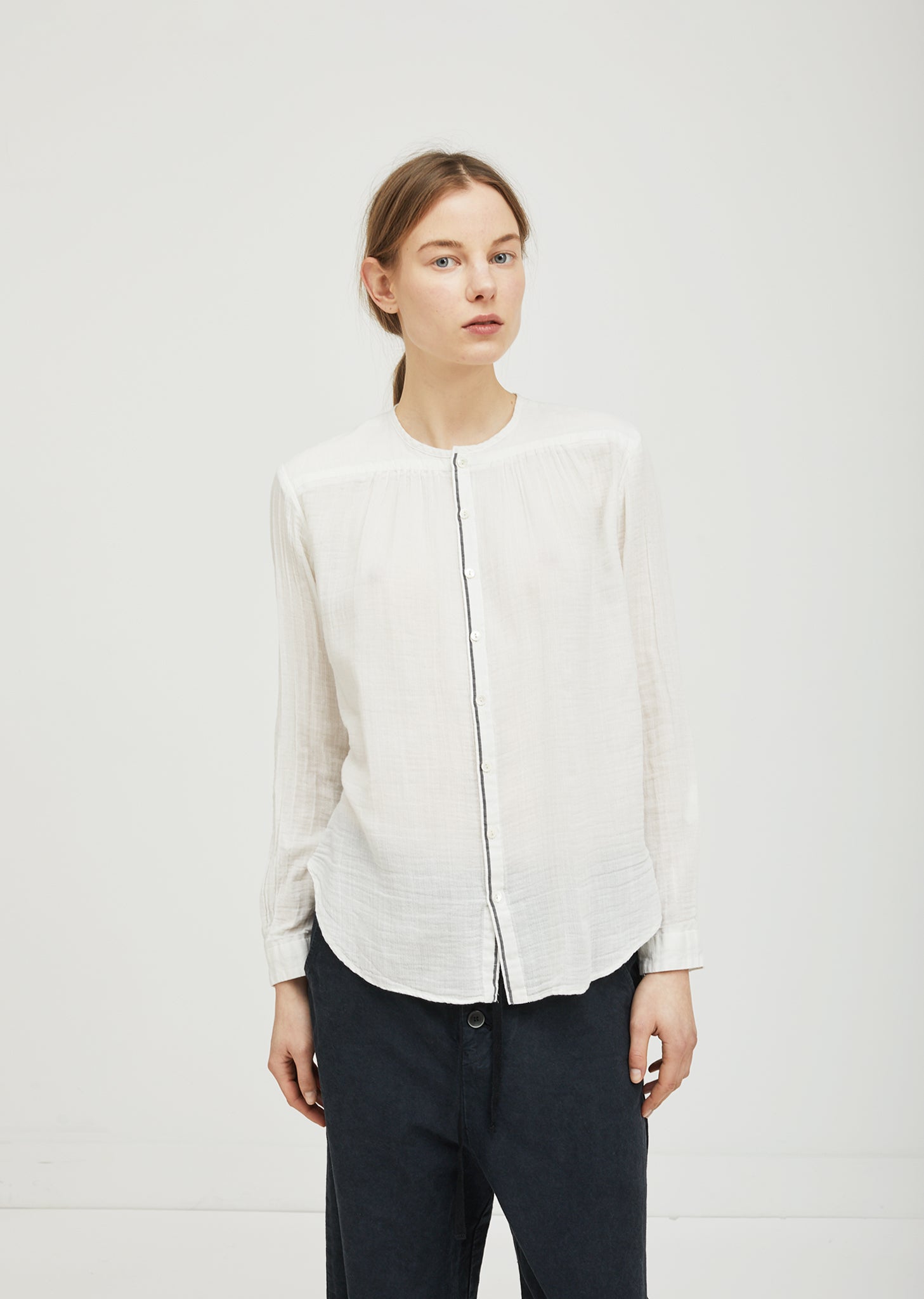 Collarless Cotton Blouse by Pas de Calais- La Garçonne