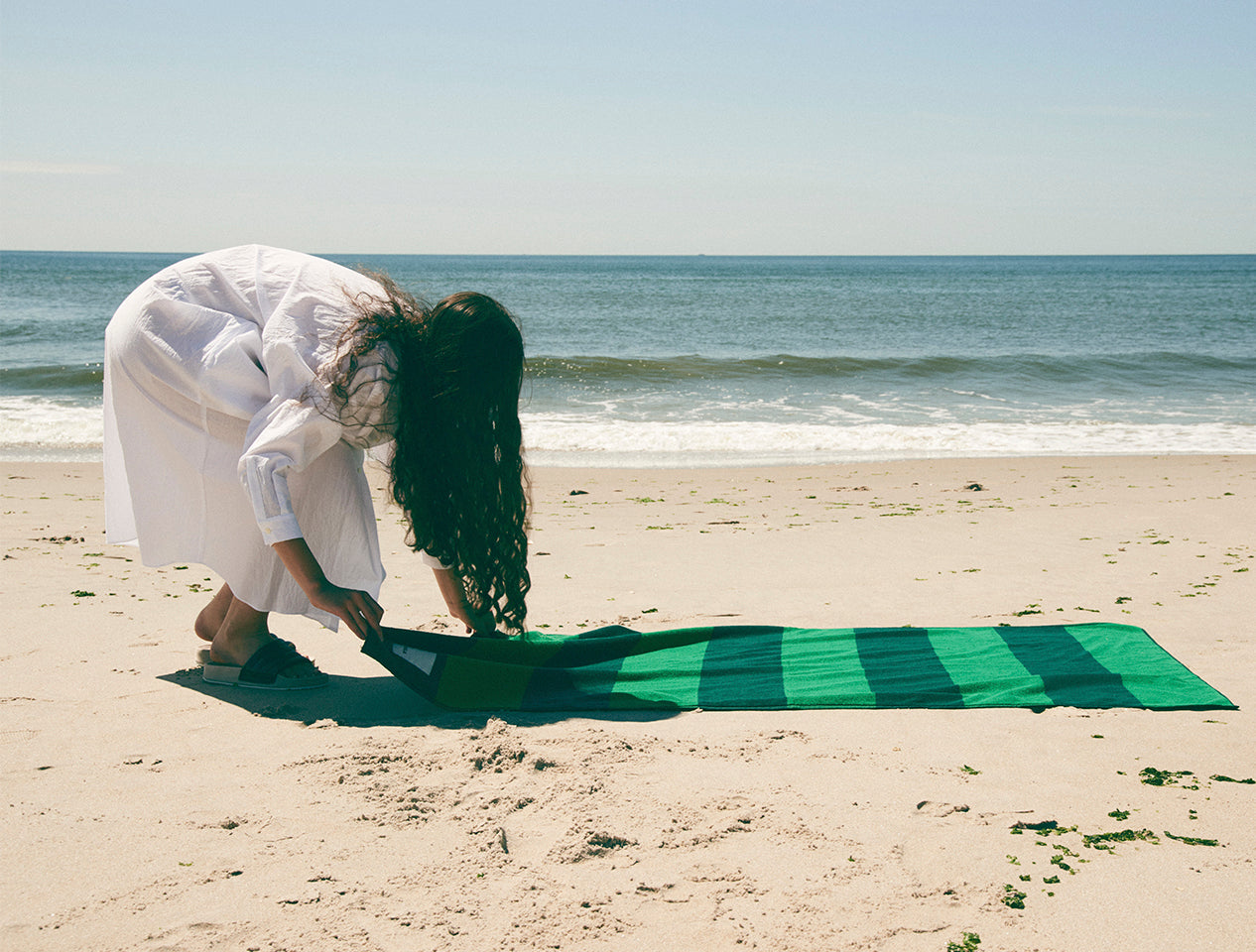 Long Striped Shirt Dress by Dušan; Pause Puff Sandal by Spalwart; Striped Terry Towel by Tekla 