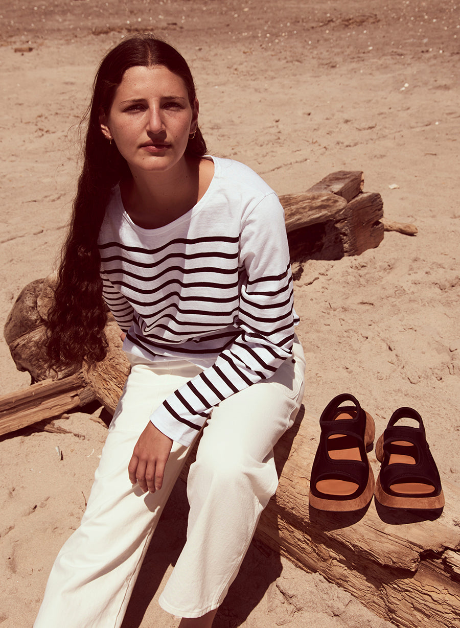 Striped Long Sleeve Knit by Véritécoeur; Hester High-Rise Jean by The Row; Stretch Rec Sandal by Proenza Schouler 