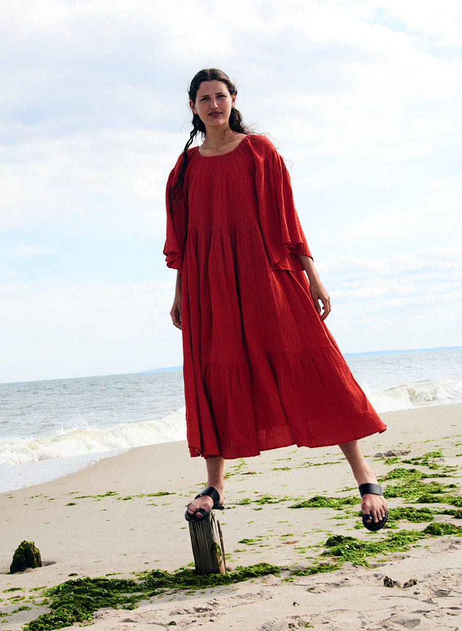 Amina Bell Maxi Dress by Anaak; Leather Minimalist Sandal by Common Projects 