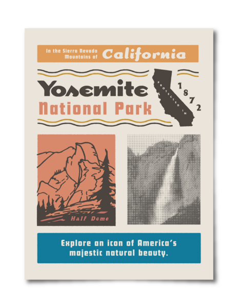 Framed Canvas Art (Gold Floating Frame) - Yosemite National Park Travel Poster by Olahoop Travel Posters ( Prints & publications > Posters > Travel