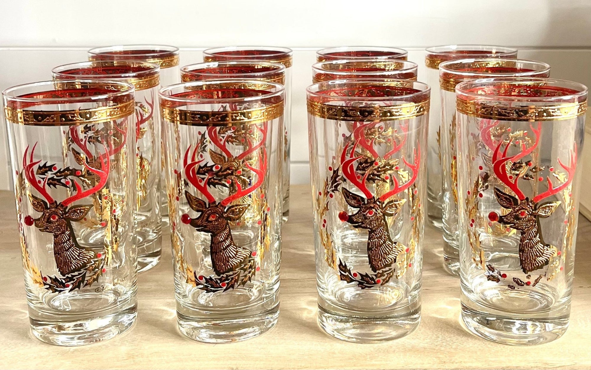 set 6 Vintage Christmas Santa & Reindeer Drinking Glasses Rare Set