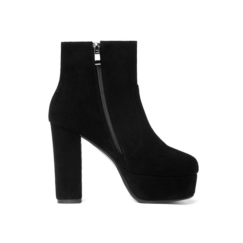 New Thick High Heel Flock Platform Zip Ankle Boots – So Chic Fashions
