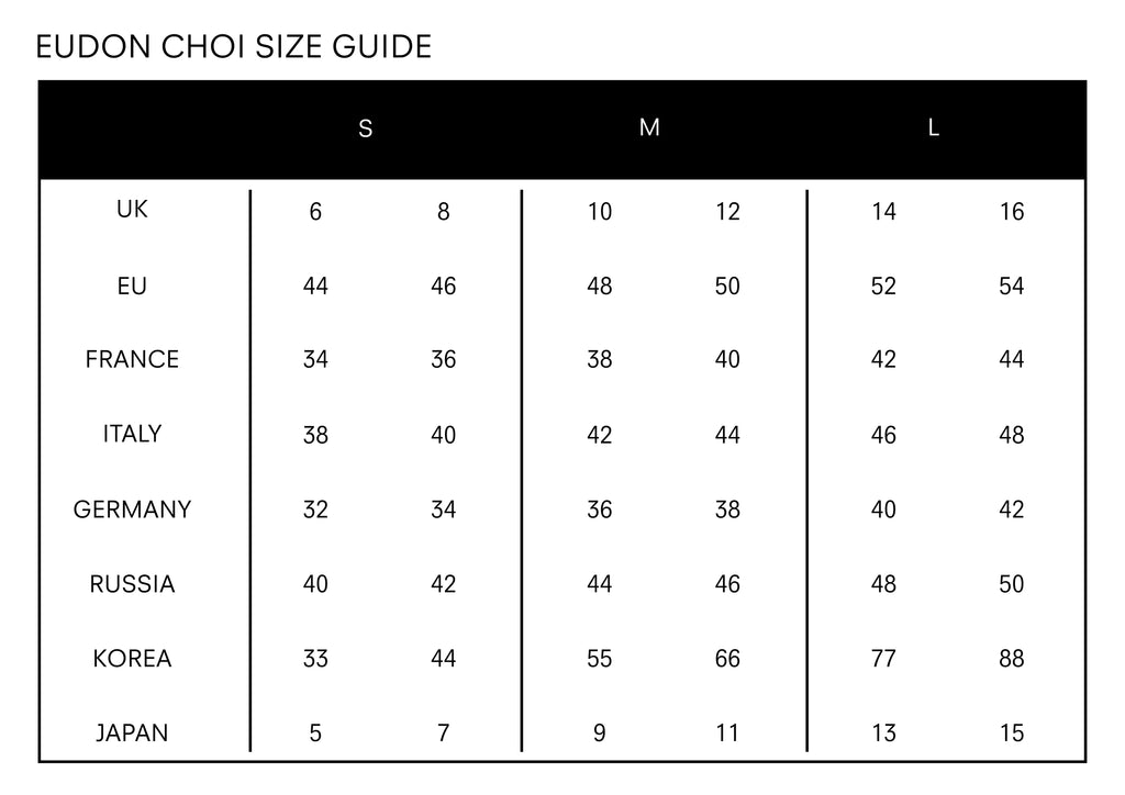 EUDONCHOI SIZE GUIDE - EUDON CHOI