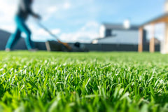 Healthy Green Grass with Person Mowing in the Background