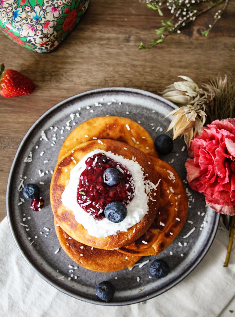 Power Pancakes with Mixed Berry Compote and Coconut Yoghurt - THR1VE