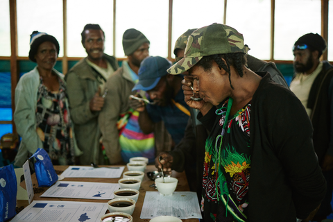 Coffee farmers do cupping in Purosa, PNG