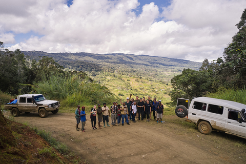 A drone shot of the group that travelled to PNG