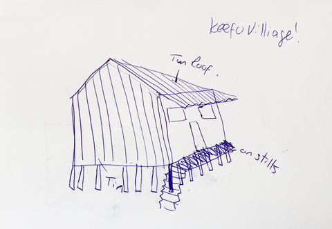 Caz drawing of house on stilts in PNG