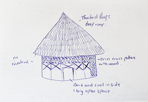 Caz's drawing of hut with thatched roof in PNG