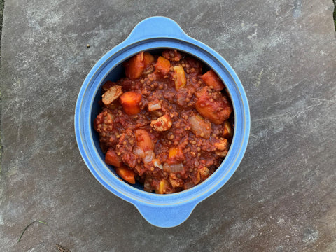 Quorn and green lentil stew with sweet vegetables