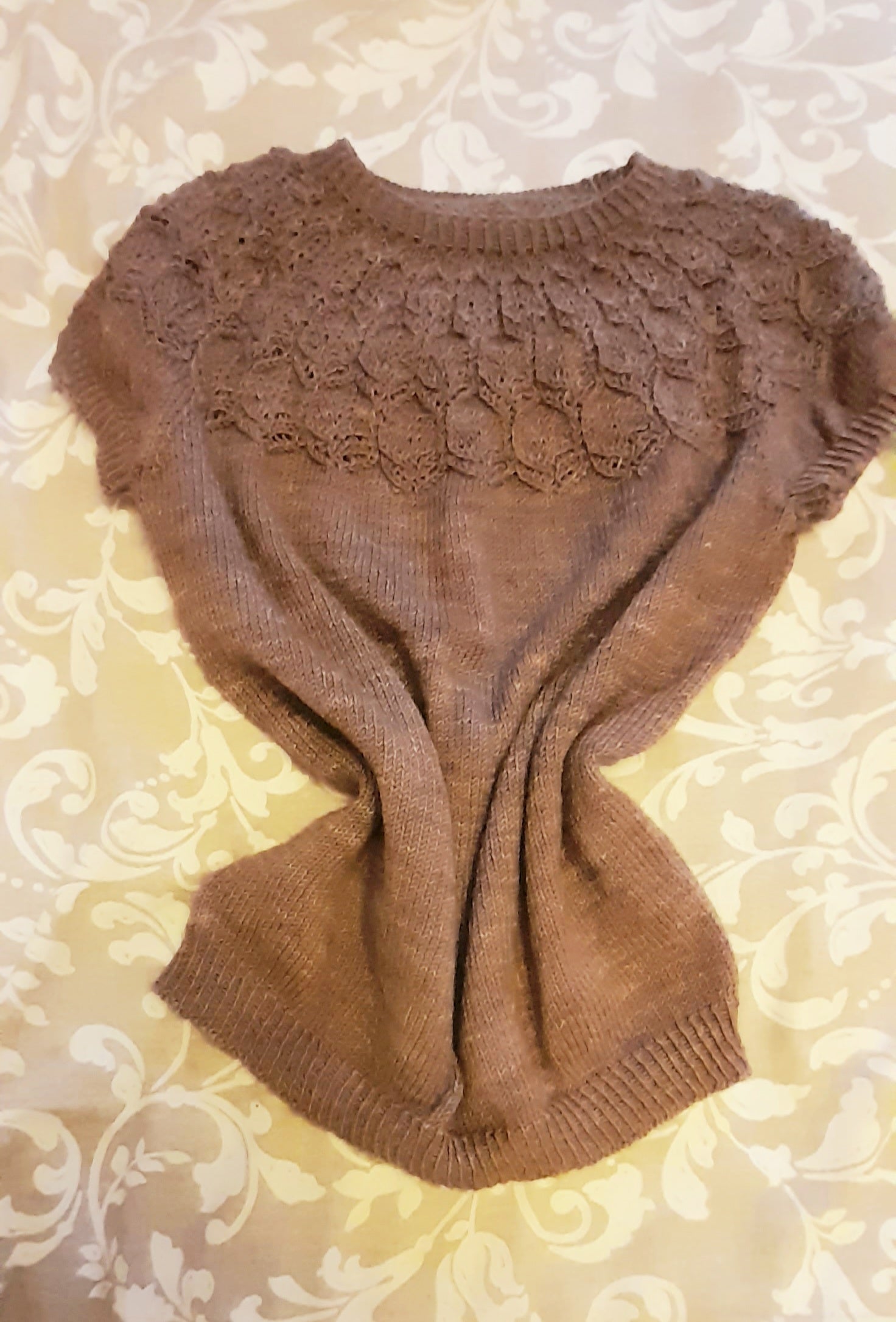 A brown knitted tee with a lace detailed yoke
