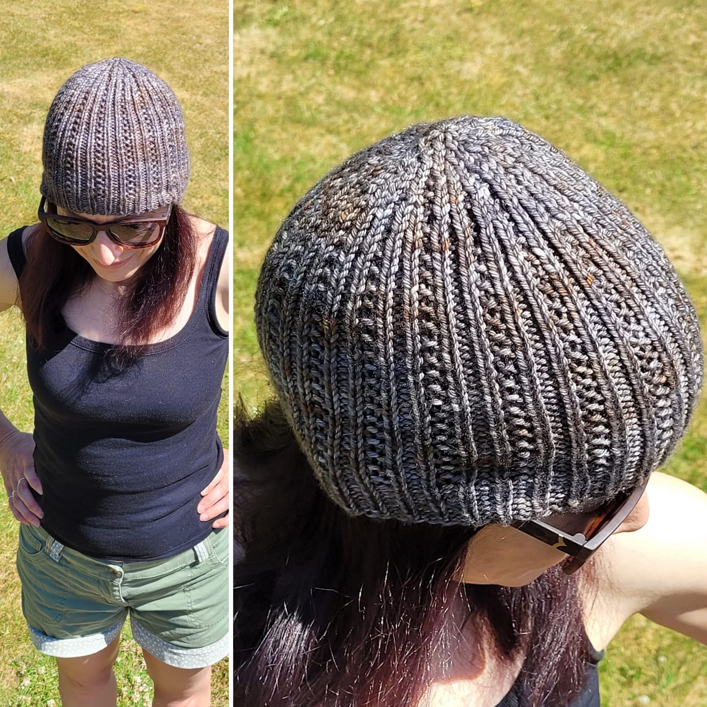 Collage image showing a full length image of Dawn wearing a vest top, denim shorts and a knitted grey and brown hat on the left. On the right is a close up of the knitted hat in grey with brown washes.