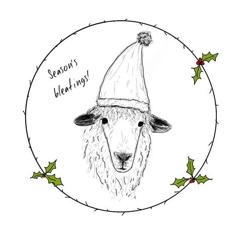 illustration of a sheep wearing a Christmas hat, with text saying "seasons bleatings"