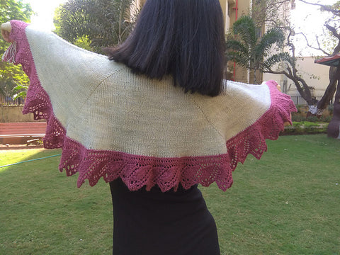 The Walk Together Shawl by Jayalakshmi published in Knotions magazine using Bowland DK in Silver Birch and Faded Bloom 