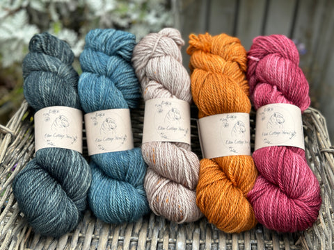 Five skeins of hand dyed aran yarn