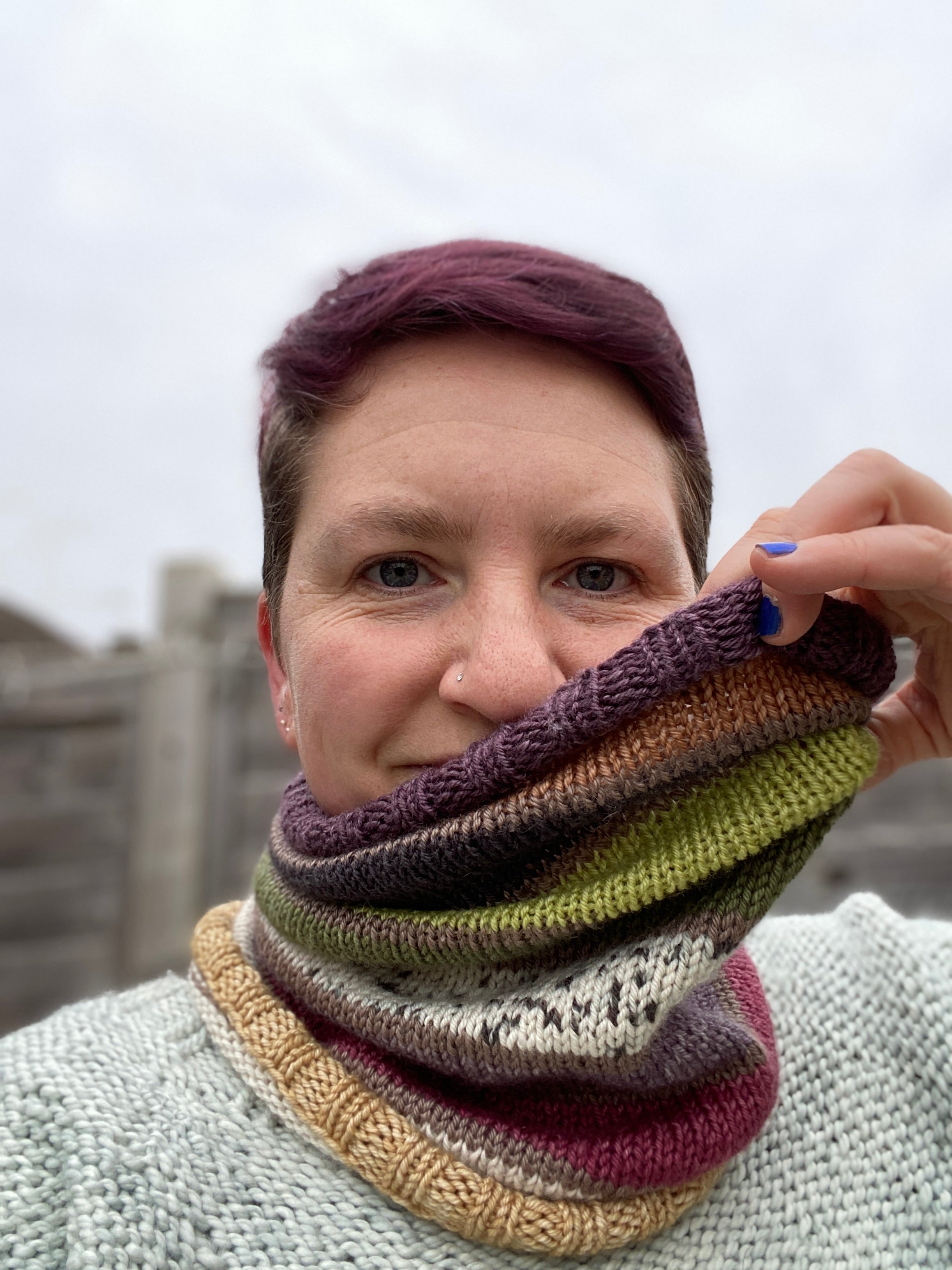 Victoria wearing the Lucky Dip Cowl (DK)