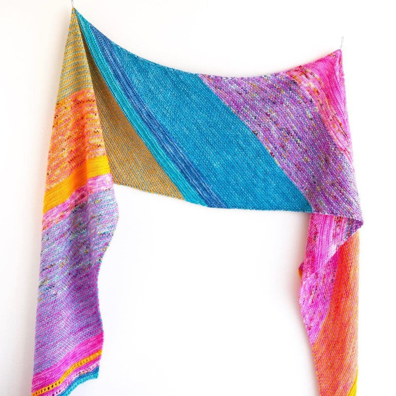 Colour block shawl with chunky stripes of blue, purple, pink and yellow