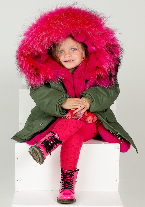 khaki parka with pink fur hood