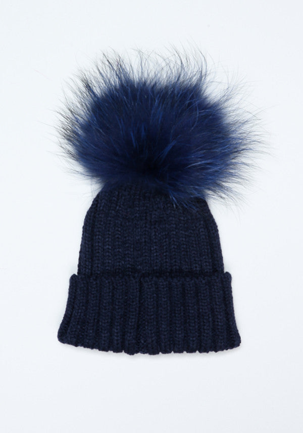 Baby Children Navy Blue Hat With Fur Pom Pom Bobble Babies Bobblebabies