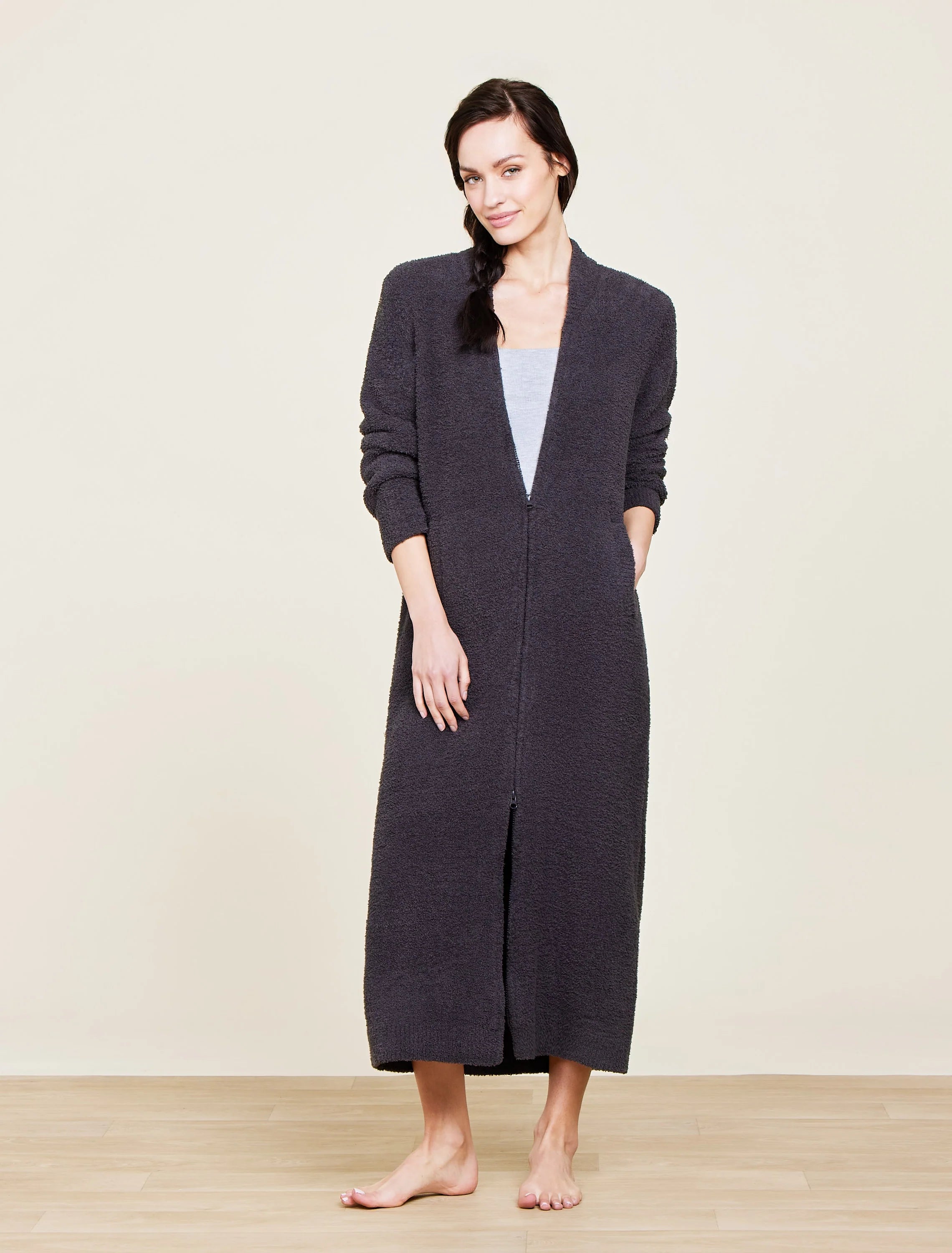 Barefoot Dreams Cozychic Full Zip V-Neck Lounger - Carbon