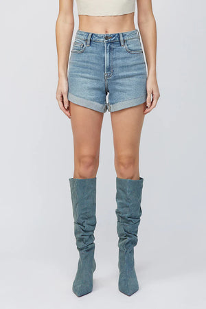Hidden Denim Finn Medium Dark Cuffed Stretch High Rise Shorts - Eclectic Boutique