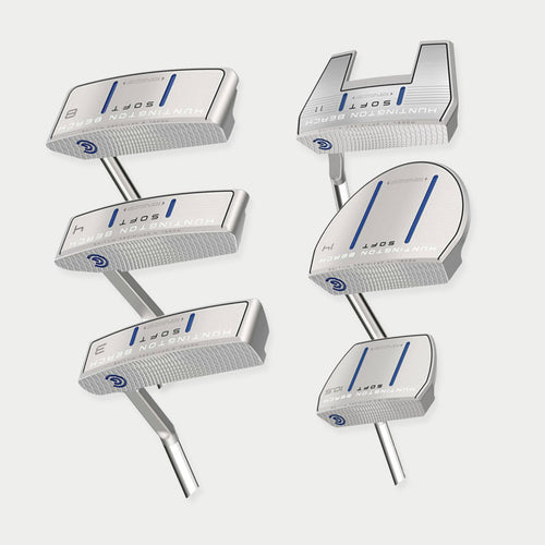 Six putter golf clubs displayed in a white background