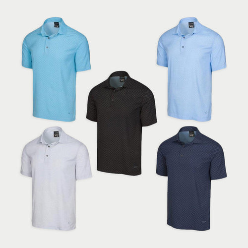 five golf shirts for men in different colours displayed over a white background