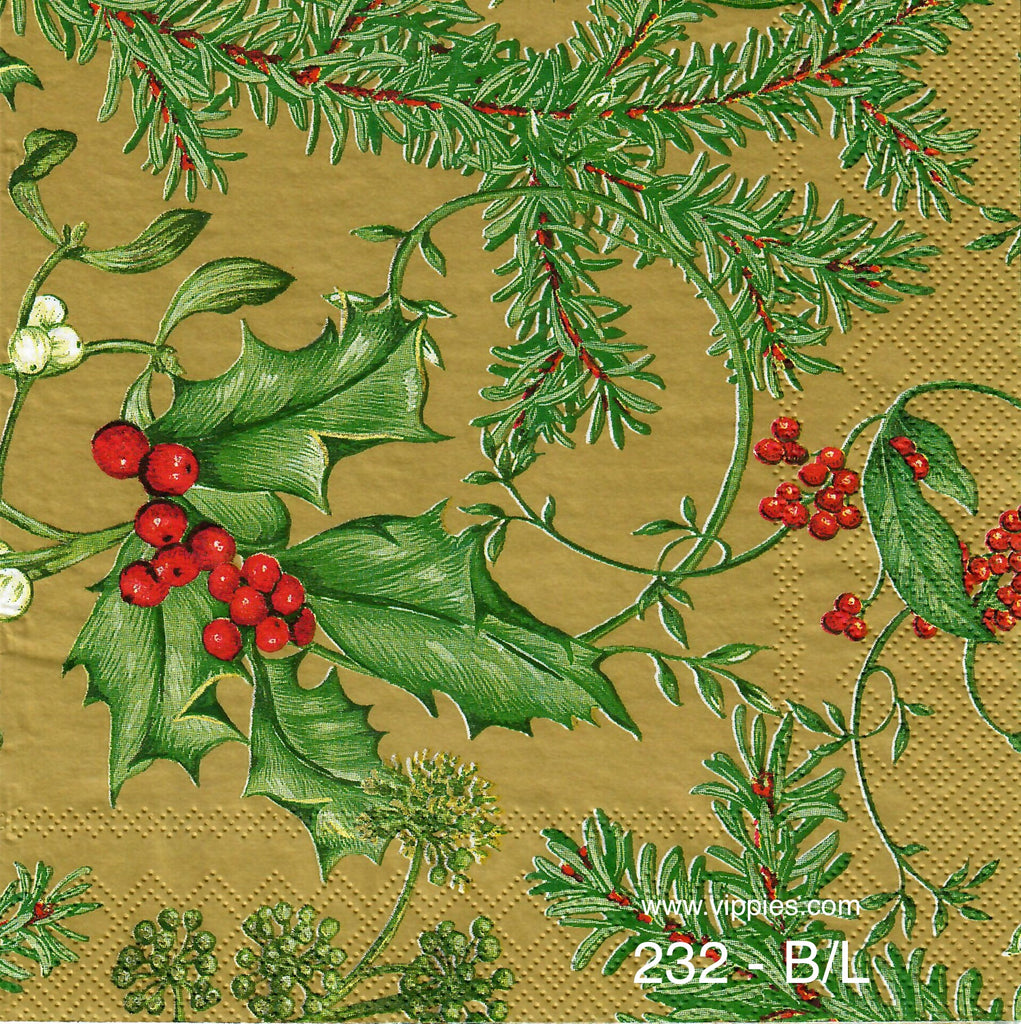 C-232 Holly Berries Gold Napkin for Decoupage