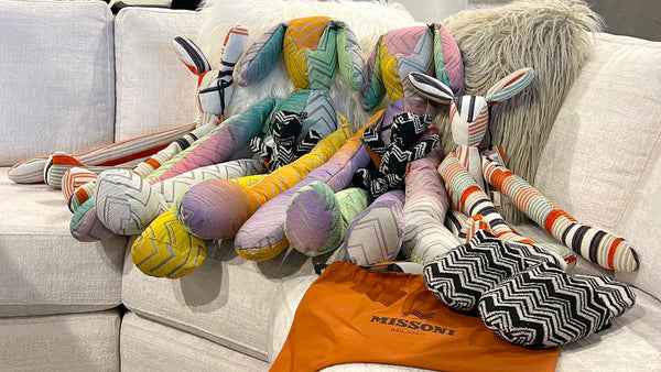 Missoni Home capsule collection including rabbits, bears and bath slippers in giacomo and keith patterns