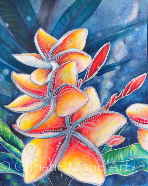 Original Stylized Watercolor Mixed Media, Tropical Hawaiian Plumeria F – Christie Marie Art