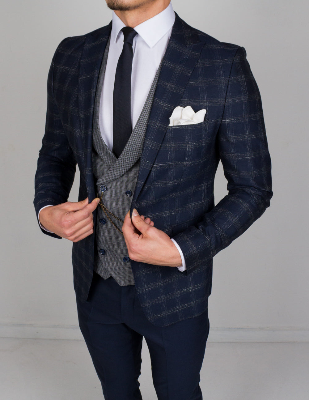 Marine Blue Plaid 3 Piece Suit – Conquer Menswear