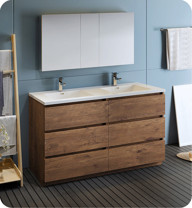 Fresca FVN93-3030RW-D Lazzaro 60" Rosewood Free Standing Double Sink Modern Bathroom Vanity with Medicine Cabinet