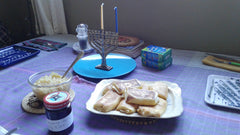 Hanukkah Blintzes with homemade jam and homemade apple sauce.