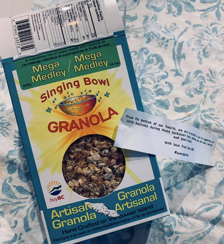 Box of Singing Bowl Granola with 'love note' to the customer expressing our gratitude..