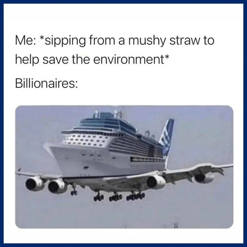 Meme depicting a cruise ship on a private jet. Text says, Me: Sipping from a mushy straw to save the environment. Billionaires: cruise ship on jet image.