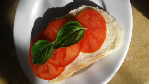 Tomatoes, basil and bread from the farmers' market.