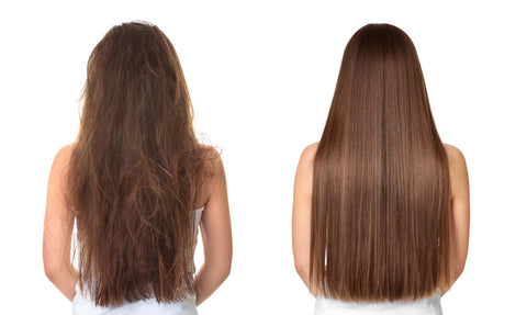 two women, one with frizzy long hair and one with smooth long hair.