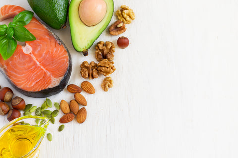 healthy fat foods, oil, salmon, almonds, and other nuts