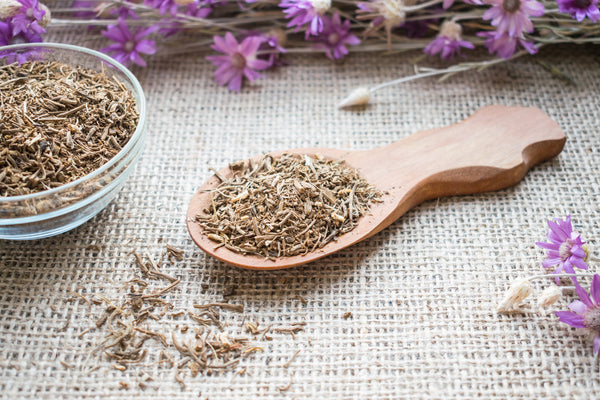 Valerian root, one of the best treatments for people with Crohn's who can't sleep, on a wooden spoon.