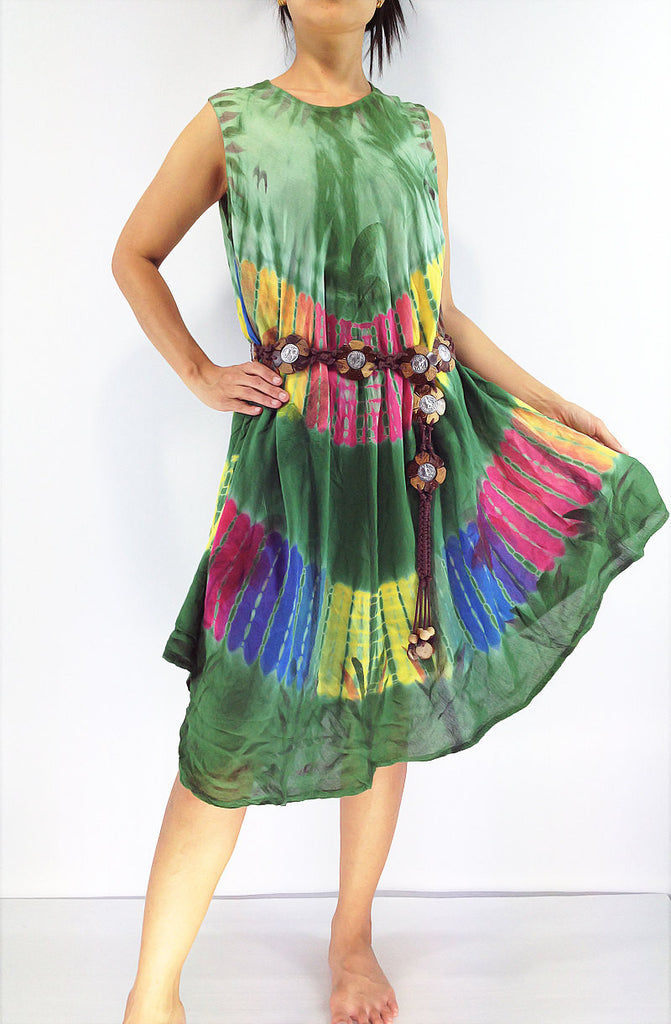 Fld65 Maxi Gypsy Rayon Dress Hippie Boho Hobo Beach Dress Tie Dye Green