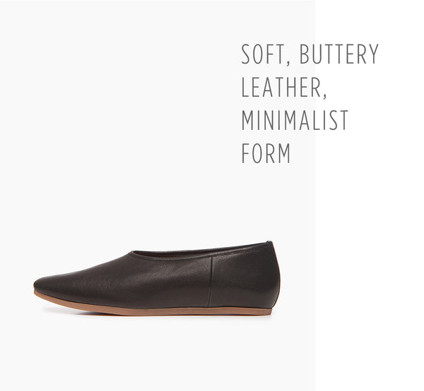 Side view of the Gen Flat in Black leather with text, "Soft, buttery leather, minimalist form" displayed above.