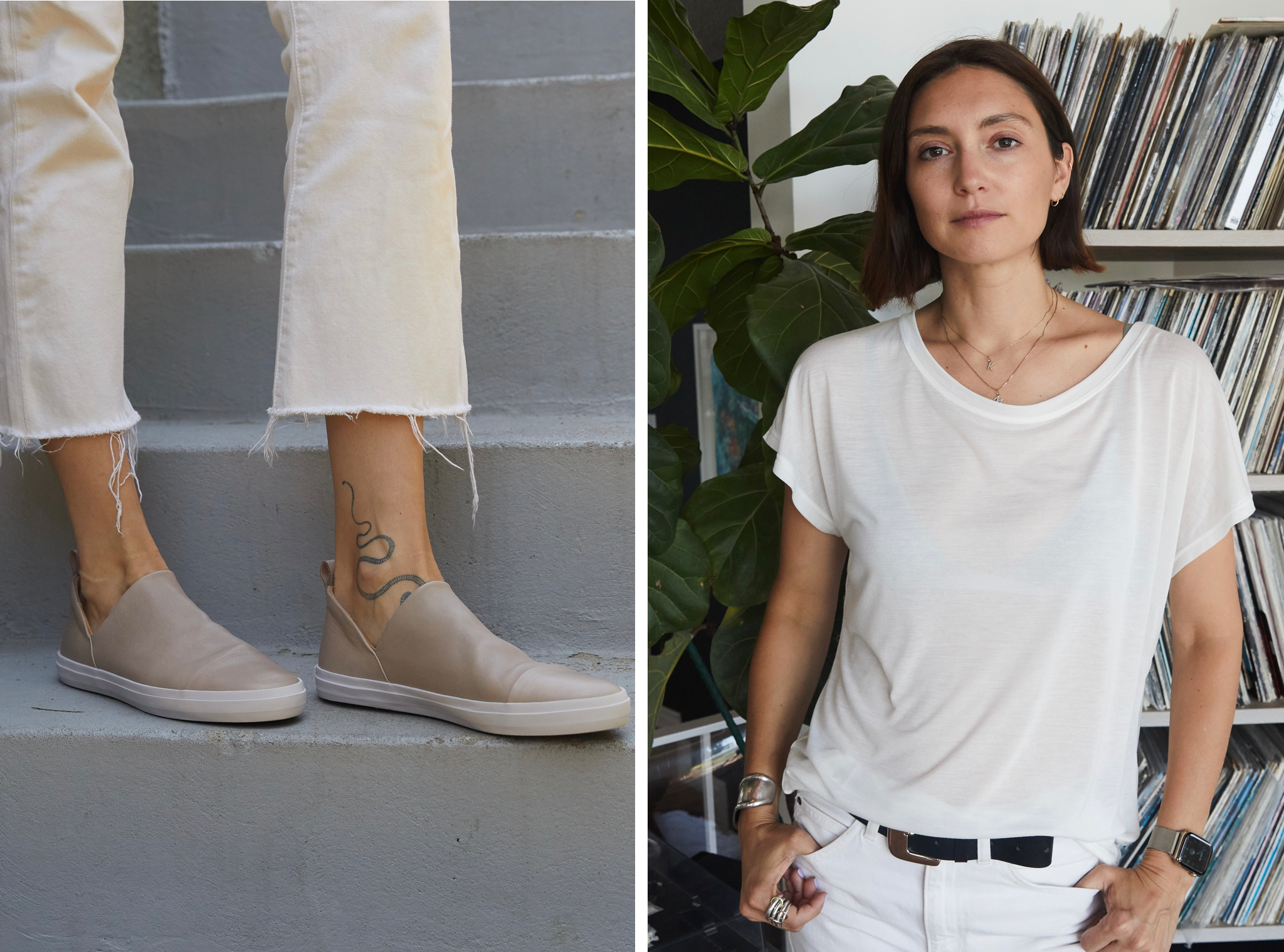 Two images side-by-side. (1) Close up of Anna Schilling wearing the Oro sneaker on grey steps. (2) Anna Schilling posing with hands in pockets, bookshelf filled with records in background.