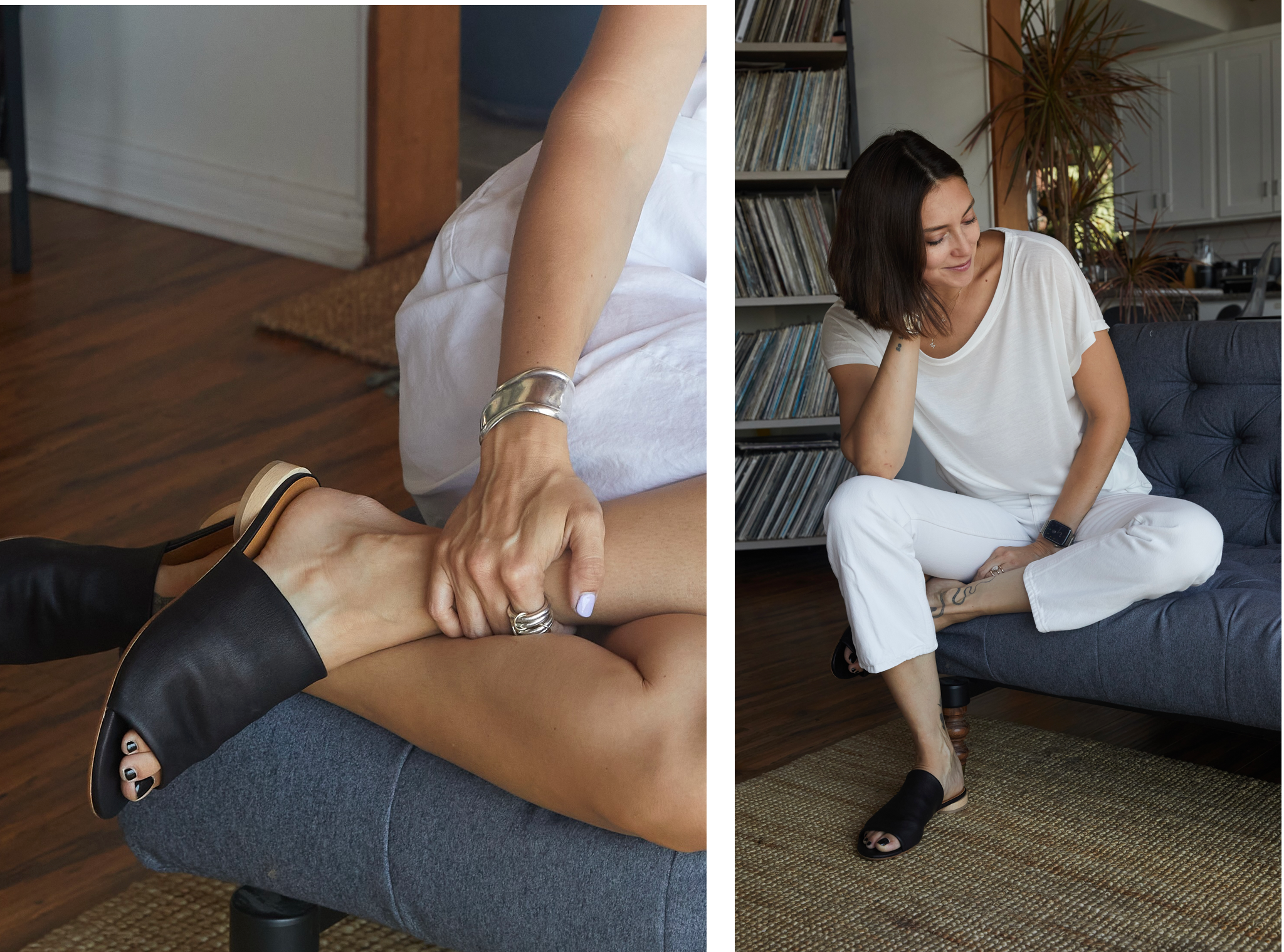 Two side-by-side images. (1) Close up of Anna Schilling in the Court Sandal. (2) Anna Schilling seated on the couch in white, sporting the Court Sandal. 