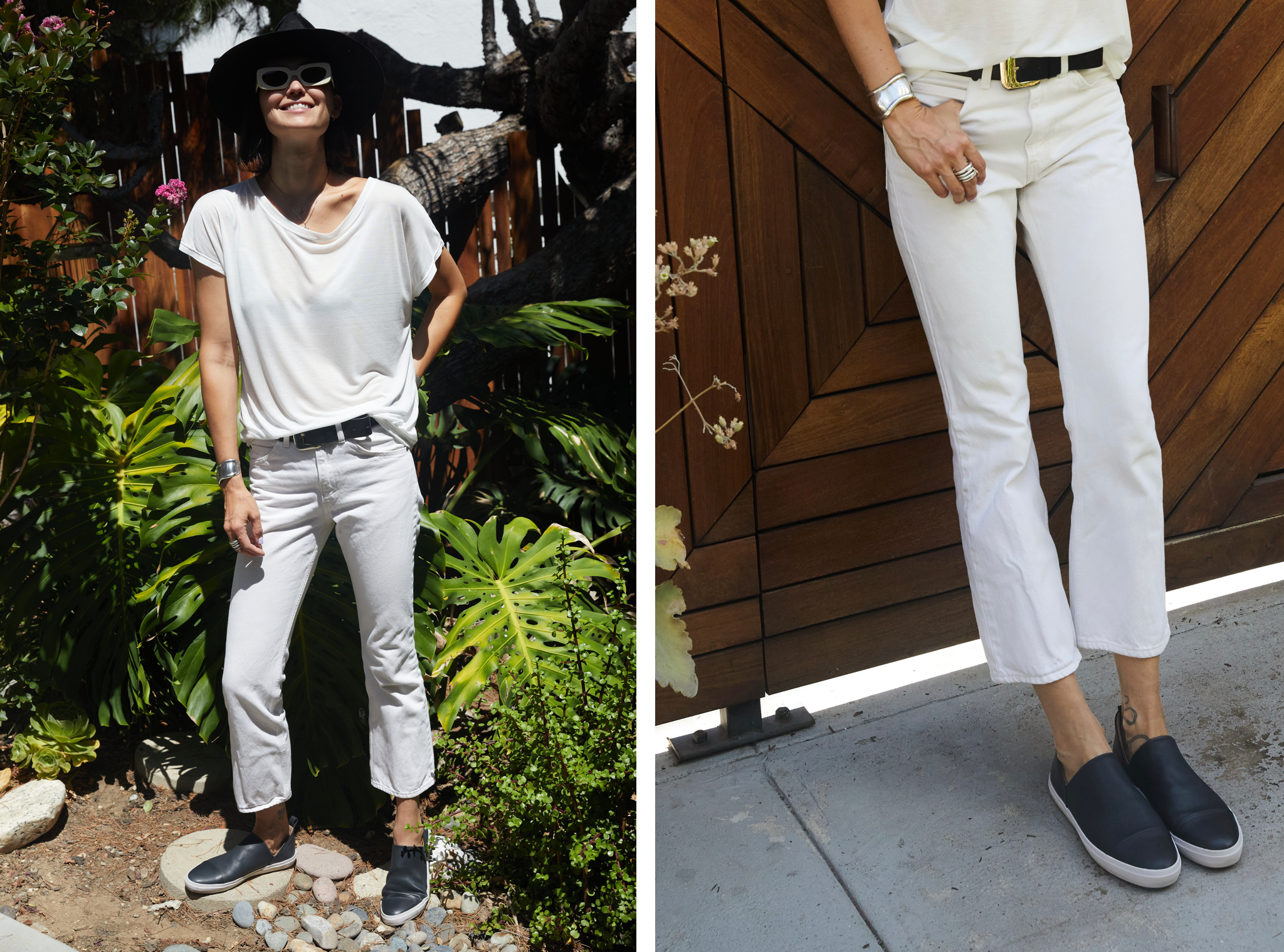 Two images side-by-side. (1) Full-body shot of Anna Schilling posing in the sun. (2) Waist-down image of Anna Schilling sporting the Coclico Oro sneaker. 