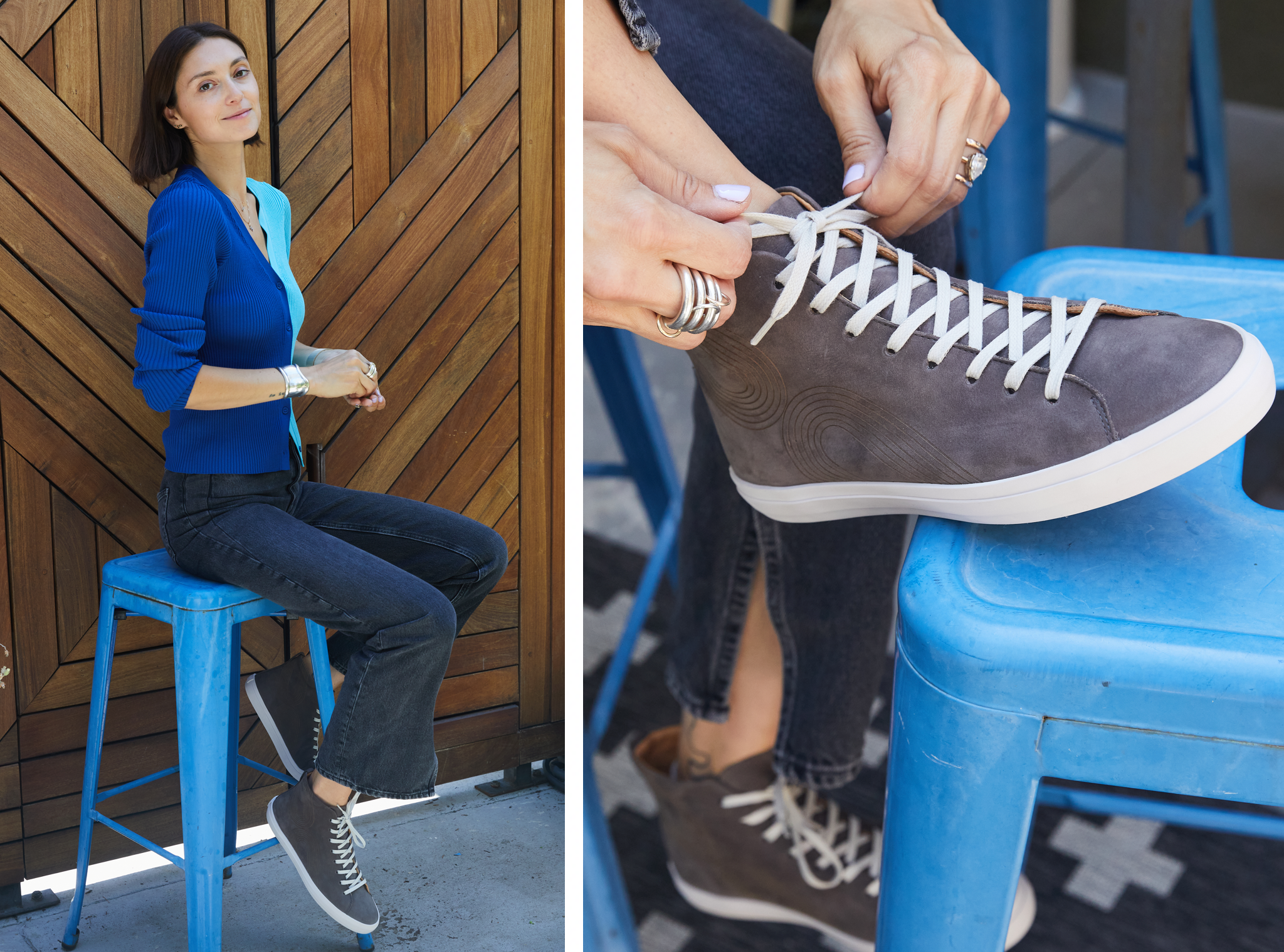 Two images side-by-side. (1) Anna Schilling seated on a blue metal stool. (2) Close up of the Oopsy sneaker in Fog.   