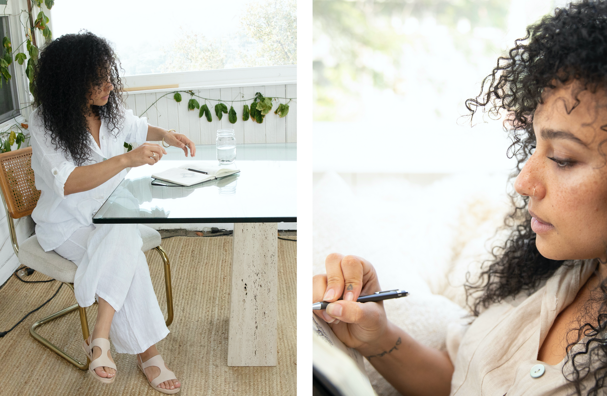 Two images side-by-side. (1) Maggi Simpkins seated in her sunroom with her notebook and pen placed on glass table. (2) Close up side shot of Maggi Simpkins taking notes.