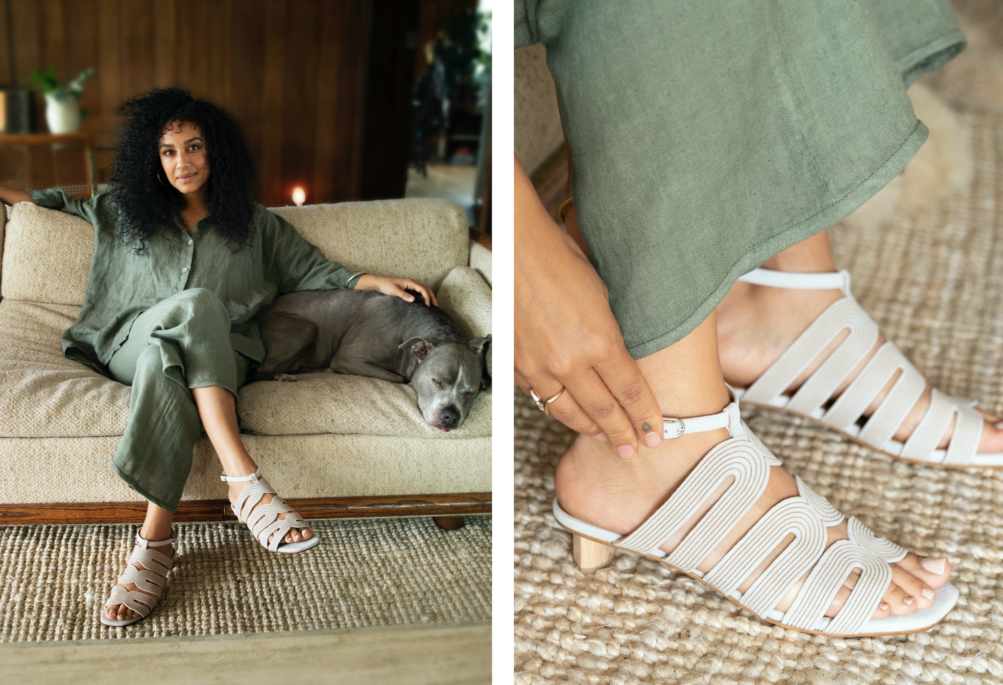 Side-by-side images. (1) Maggi Simpkins sitting on her couch petting her dog, sleeping next to her. (2) Close up of the Seigel Sandal in Nuage leather. 