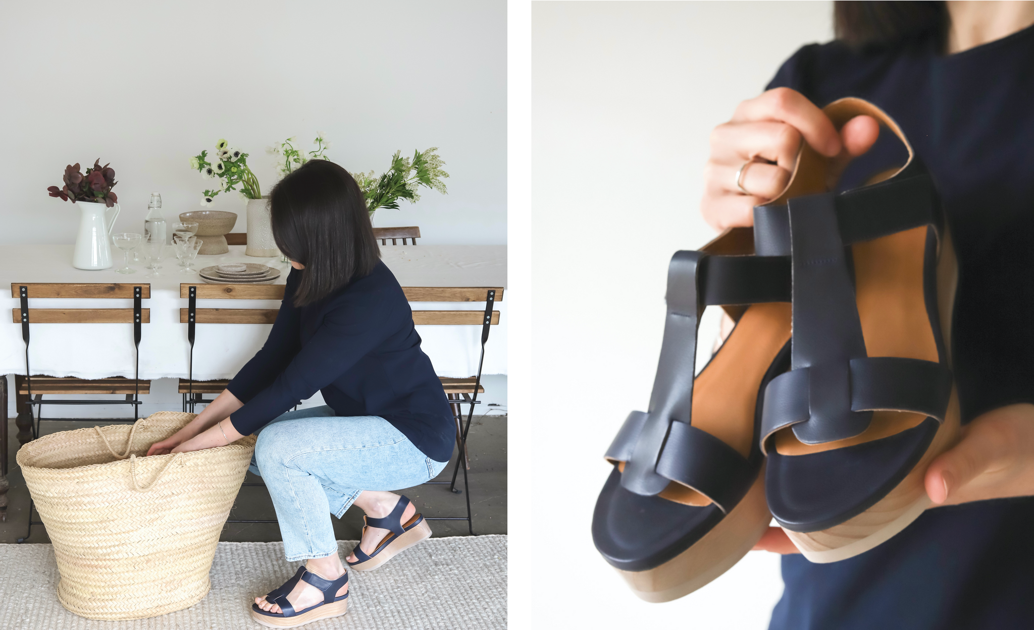 Two images side-by-side. (1) Becky Wallace reaching into a woven bag - dining table in background. (2) Close up of Becky Wallace showing op the Ally Clog in Blu Navy leather.  