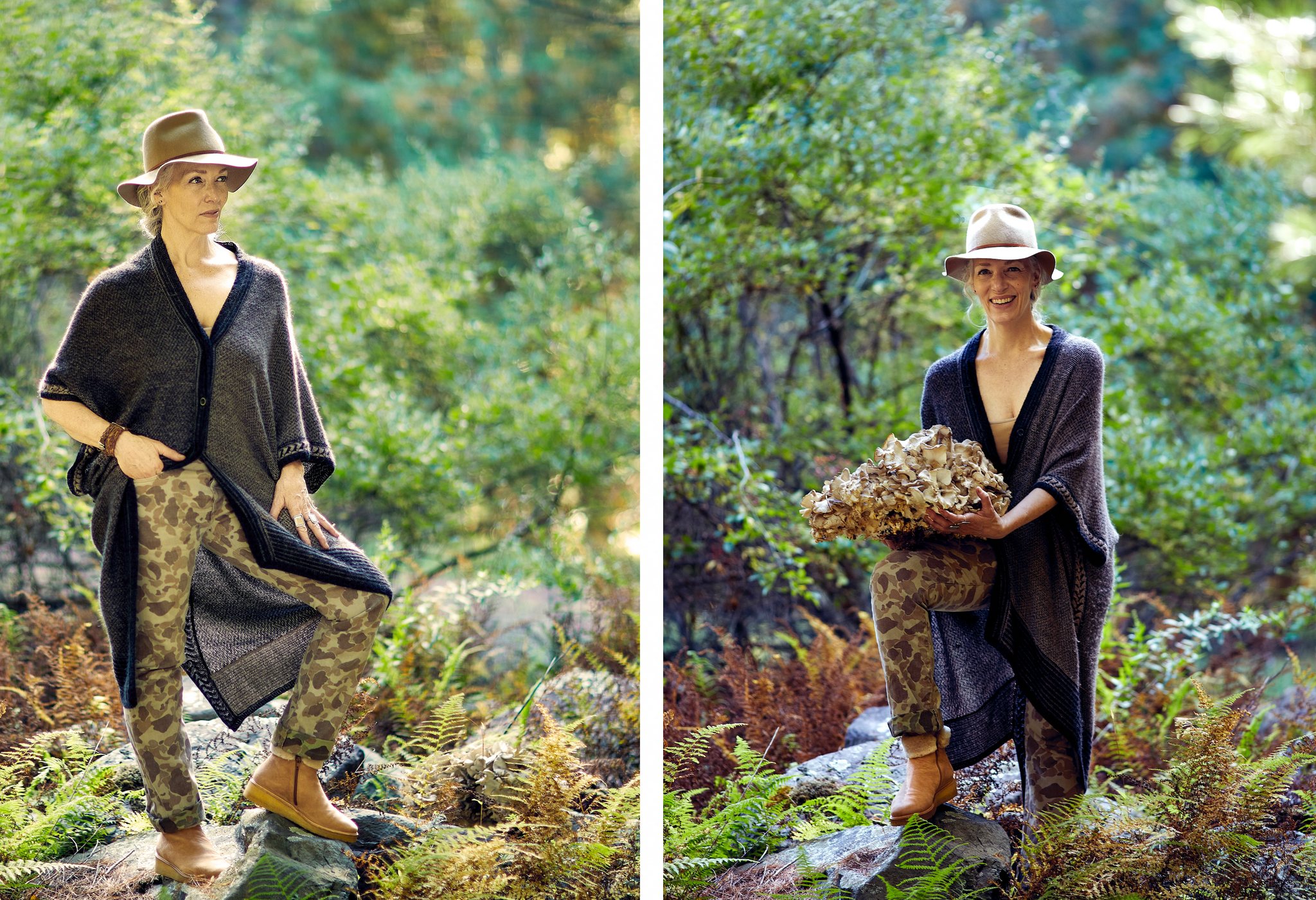 Two side-by-side images. (1) Nature shot of Laura Chávez Silverman standing with leg perched on a boulder. (2) Laura Chávez Silverman holding a mushroom in the Western Catskills.